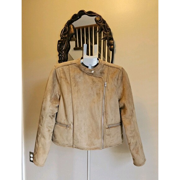 Lauren Ralph Lauren Tan Moto Jacket Faux Suede Sherpa Lined Womens Petite L PL - Picture 1 of 7